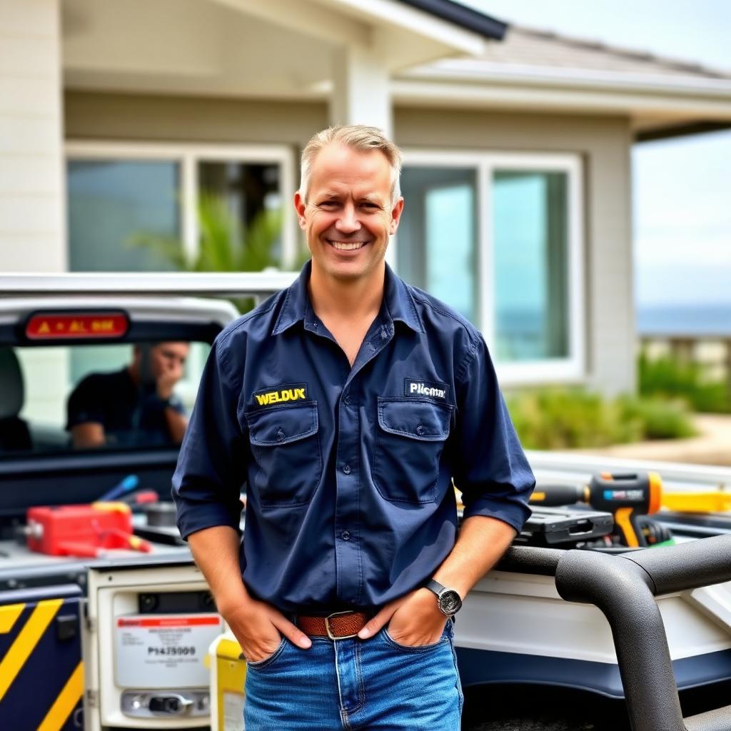 Local Yeppoon electrician from Bateman Power Solutions beside a fully stocked work ute