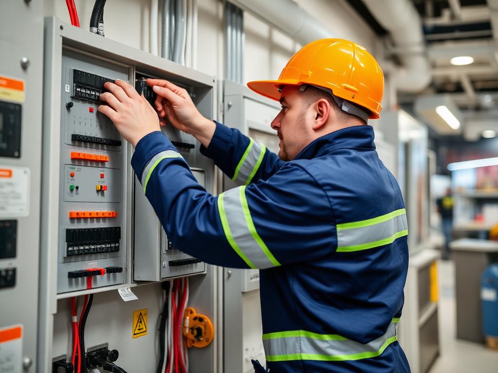Commercial electrician working on a three-phase distribution board in Rockhampton